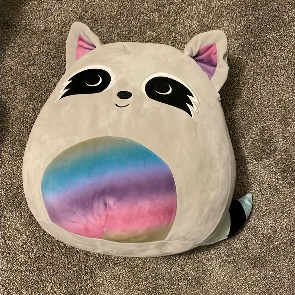 Squishmallows Gray Raccoon with Rainbow Belly